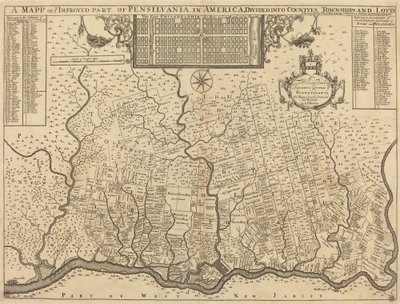 アメリカのペンシルベニア州の改良された部分の地図で、カウンティ、タウンシップ、ロットに分けられています 作： Thomas Holme