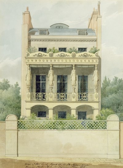 1818年のシーモアプレイスのハイドパークに向かう、ヘンリーフィリップホープの家の裏側の正面（ペンとインク、および紙のグラファイト上のトイレ） 作： Thomas Hope