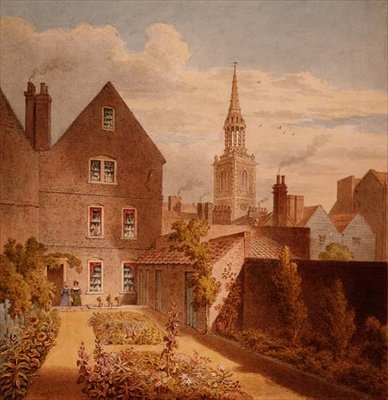 イズリントン教会を遠景にしたアップコット氏の家と庭の眺め、1835年頃（水彩・紙 作： Thomas Hosmer Shepherd