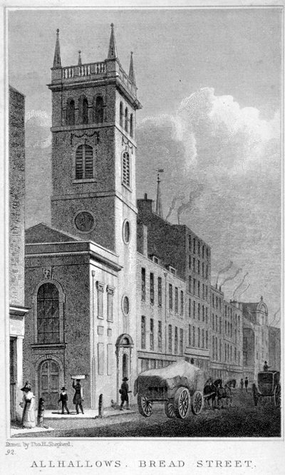 All Hallows Church、ブレッド ストリート、ロンドン、1829 年 作： Thomas Hosmer Shepherd