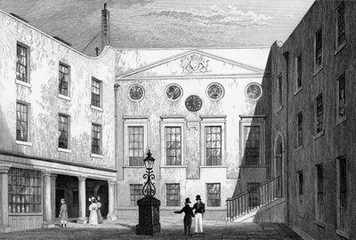 1831年にJ.ヒンクリフによって彫刻された薬剤師の館、巡礼者聖、ブラックフライアーズ 作： Thomas Hosmer Shepherd