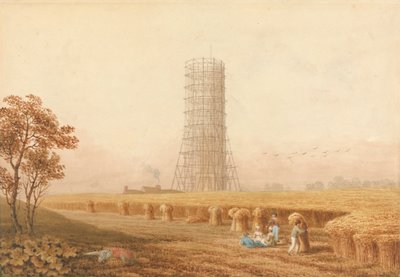 フランス、ブーローニュの足場にあるボナパルトのコラム、畑にハーベスタがいる 作： Thomas Hosmer Shepherd