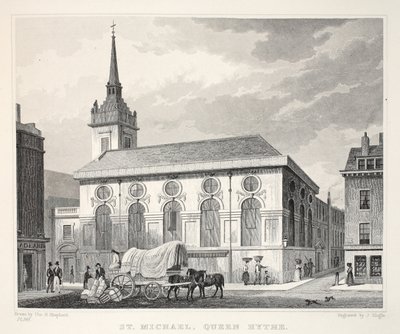 「ロンドンと19世紀の周辺地域」パブのクイーンヒザ聖マイケル教会。 Jones und Co.、1827-1829 作： Thomas Hosmer Shepherd