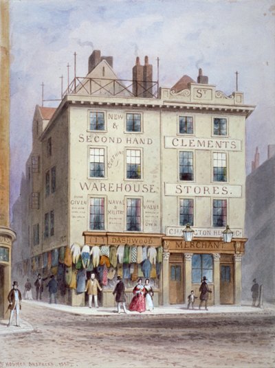 1855 年、ロンドン、ウェストミンスター、ホリウェル ストリートとウィッチ ストリートの交差点にあるクレメンツ ストア。 作： Thomas Hosmer Shepherd