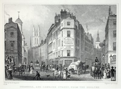 家禽の「ロンドンとそれは19世紀の環境」パブのコーニールとロンバードスティート。 Jones und Co.、1827-1829 作： Thomas Hosmer Shepherd
