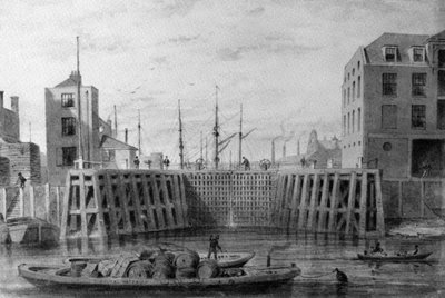 ライムハウスドックへの入り口、1850（ペン、インク、紙の上で洗う） 作： Thomas Hosmer Shepherd