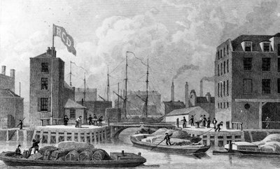 リージェンツ運河への入り口、ライムハウス、FJハヴェルによって彫刻された、1828 作： Thomas Hosmer Shepherd