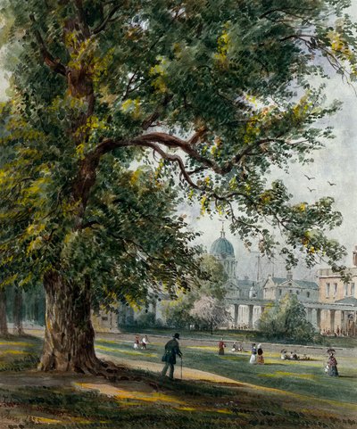 公園から見たグリニッジ病院、1855年6月（水彩、グラファイト使用） 作： Thomas Hosmer Shepherd
