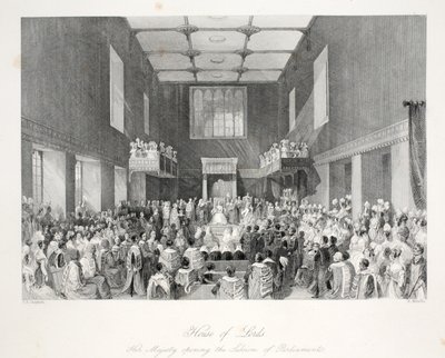 House of Lords、パブ「コスチュームとセレモニーのあるロンドンインテリア」から。ジョセフミード、ロンドン、1843年頃（鋼の彫刻） 作： Thomas Hosmer Shepherd