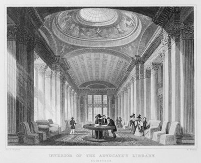 1831年にウィリアムワトキンスによって彫刻された、支持者の図書館、エジンバラの内部（彫刻）（bw写真） 作： Thomas Hosmer Shepherd