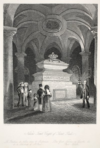セントポールの地下墓地にあるネルソンの墓。ジョセフミード、ロンドン、1843年頃（鋼の彫刻） 作： Thomas Hosmer Shepherd