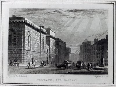 1831年にロバートエイコンによって彫刻されたニューゲート刑務所とオールドベイリー 作： Thomas Hosmer Shepherd
