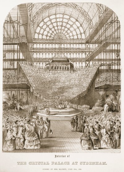 1854 年 6 月 10 日にヴィクトリア女王によってシデナムの水晶宮が開かれました。 作： Thomas Hosmer Shepherd