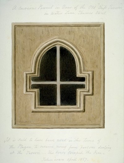 1857年、ロンドン市内のウォーターレーンにあるシップ・タバーンのドアのパネル。                               作： Thomas Hosmer Shepherd