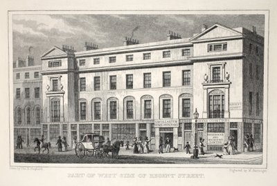 リージェントストリートのウエストサイドの一部。「ロンドンと19世紀の周辺」パブから。 Jones und Co.、1827-1829 作： Thomas Hosmer Shepherd