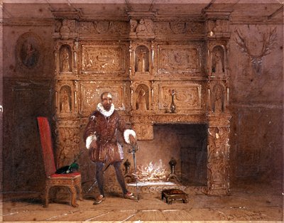 おそらくキャノンベリー ハウスのジョン スペンサー卿、または 1849 年にオールド パイド ブル インにいるウォルター ローリー卿 作： Thomas Hosmer Shepherd