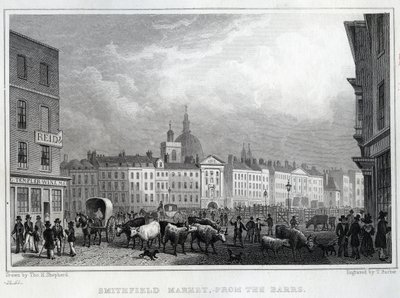 トーマスバーバーが彫刻したバールのスミスフィールドマーケット、1830年頃 作： Thomas Hosmer Shepherd