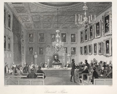 「ロンドンのインテリアとコスチュームとセレモニー」のパブにあるサマセットハウス。ジョセフミード、ロンドン、1843年頃（鋼の彫刻） 作： Thomas Hosmer Shepherd