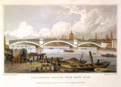 バンクサイドからのサザーク橋、ロンドン、1817 作： Thomas Hosmer Shepherd
