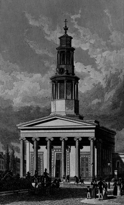 セントパンクラス教会、ウェストフロント、ジェームスティングル1827年の彫刻 作： Thomas Hosmer Shepherd