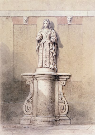 クイーンスクエアのイーストエンドにあるアン女王の像、1851年 作： Thomas Hosmer Shepherd