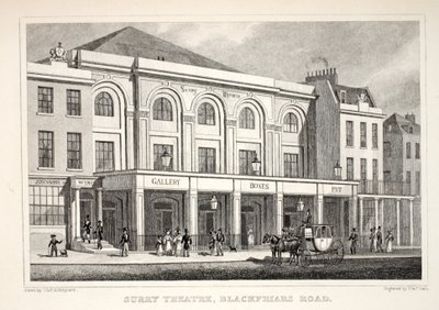 「ロンドンと19世紀の環境」パブのブラックフライアーズロードのサリーシアター。 Jones und Co.、1827-1829 作： Thomas Hosmer Shepherd