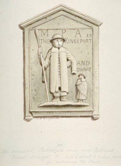 1840 年、ロンドン市ニューゲート ストリートのブル ヘッド コートにある家のタブレット 作： Thomas Hosmer Shepherd