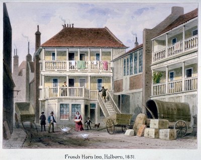 The French Horn Inn, Holborn, London, 1851年。                   作： Thomas Hosmer Shepherd