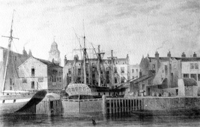 ワッピングでのガンドック、1850年（紙にペン、インク、ウォッシュ） 作： Thomas Hosmer Shepherd