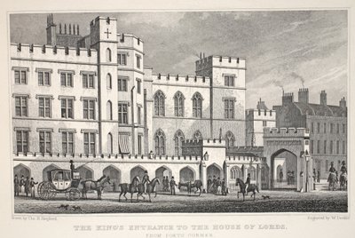 「ロンドンと19世紀の周辺」パブからの詩人のコーナーからの貴族院への王の入り口。 Jones und Co.、1827-1829 作： Thomas Hosmer Shepherd
