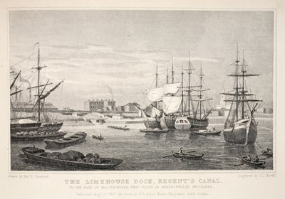 ライムハウスドック、リージェンツ運河、「ロンドンと19世紀の環境」パブから。 Jones und Co.、1827-1829 作： Thomas Hosmer Shepherd