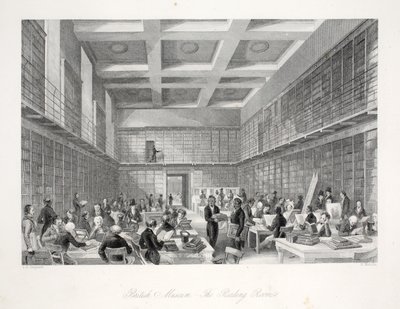 「コスチュームとセレモニーのあるロンドンのインテリア」パブの大英博物館の読書室と図書館。ジョセフミード、ロンドン、1843年頃（鋼の彫刻） 作： Thomas Hosmer Shepherd