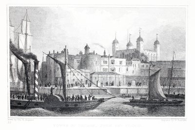 テムズ川、「ロンドンとその周辺19世紀の環境」パブからロンドン塔。 Jones und Co.、1827-1829 作： Thomas Hosmer Shepherd