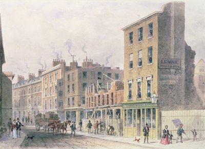 Threadneedle Street を眺めて、Finch Lane の角にある Merchant Taylors、Hall、または Alderman Moon Print Shop の改善のためにプルダウンします。 作： Thomas Hosmer Shepherd