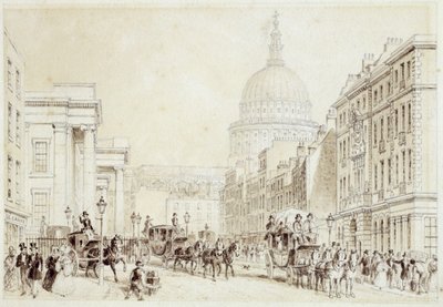 セントマーチンのルグランと旧郵便局の眺め、1830年頃（ペンとインク、鉛筆、紙に洗う） 作： Thomas Hosmer Shepherd