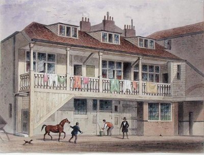 ホワイトフライヤーズ通りのブラック・ライオン・インの眺め、1855年頃（水彩・紙） 作： Thomas Hosmer Shepherd