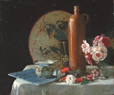 扇とバラのある静物 作： Thomas Hovenden