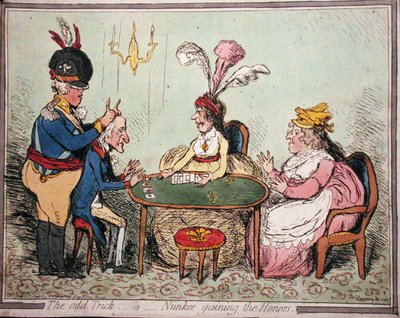 ハンナ・ハンフリーが1796年に出版した『The Odd Trick, or Nunkee Gaining the Honours』（手彩色の銅版画） 作： Thomas Humphrey