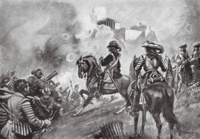 パルテノン神殿を砲撃するフランチェスコ・モロジーニ 作： Thomas Hutchison Peddie