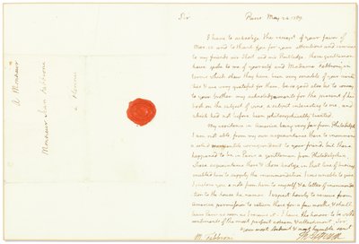 1789年5月24日、フランスの米国大使、パリのジョヴァンニファブローニへの直筆サイン 作： Thomas Jefferson