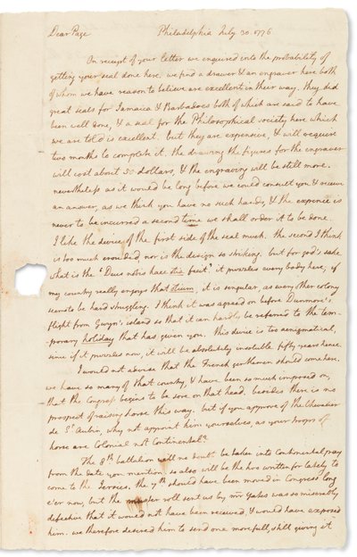 1776年7月30日、フィラデルフィアのジョンペイジへの直筆の手紙 作： Thomas Jefferson