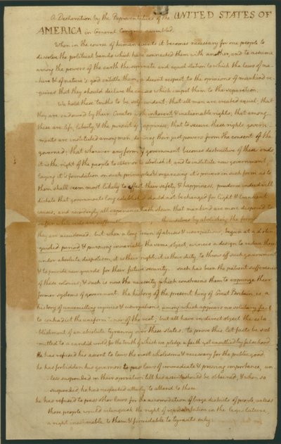 1776年7月4日の独立宣言の草案 作： Thomas Jefferson