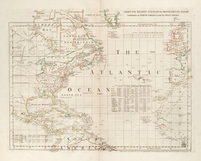 北アメリカ大陸と西インド諸島におけるイギリス、フランス、スペインの入植地を記した大西洋の海図 作： Thomas Jefferys