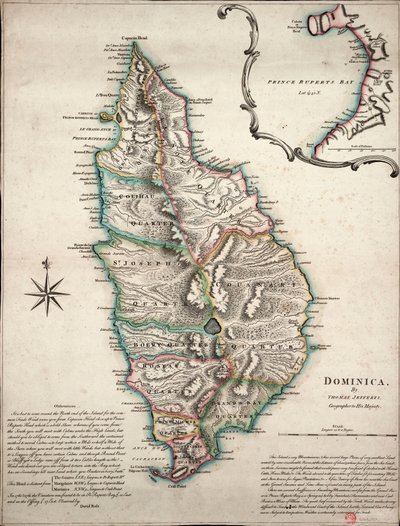 ドミニカのカラー地図と詳細な地理的観察、1760年頃（手彩色エングレーヴィング） 作： Thomas Jefferys