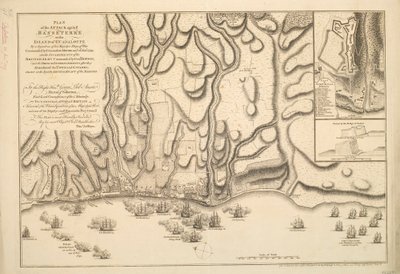 1759年1月22日にムーア提督が指揮した陛下の戦艦隊によるグアダループ島のバセテールに対する攻撃の計画。 作： トーマス・ジェフリーズ