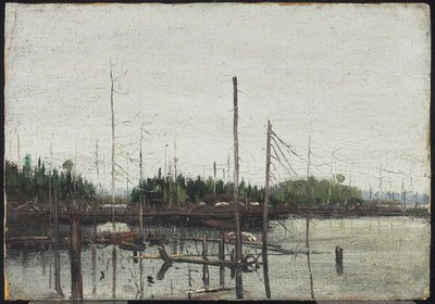 溺れた土地、1912年（紙に油彩（エンボス加工のキャンバスのテクスチャを使用）、木の上） 作： Tom Thomson