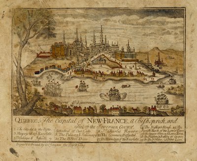 ケベック州、ニューフランスの首都、ビショップリック、およびソヴェレンコートの座席、1759年（手描きの彫刻） 作： Thomas Johnston