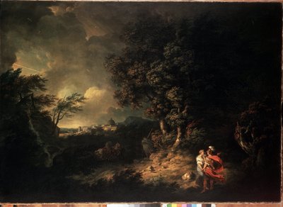 ""Stormscape with Aeneas and Dido"" (Landscape with Aeneas and Dido) Virgil の Aeneid のイラスト。 Thomas Jones (1742-1803) による絵画 1769 Dim. 137.5x193.5 cm エルミタージュ美術館、サンクトペテルブルク 作： Thomas Jones