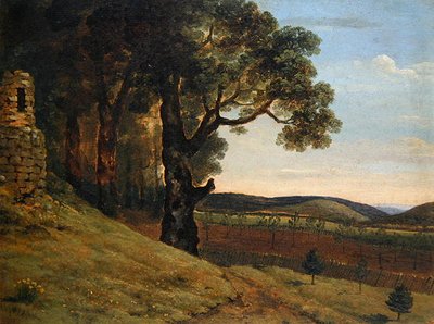 廃墟のそばにオークの木があるウェールズの風景（油彩・紙） 作： Thomas Jones