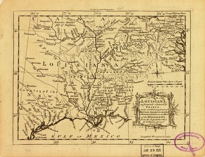 ルイジアナ州はかつてフランスによって領有され、現在はミシシッピ川の東にイギリス領アメリカの一部、西にスペイン領アメリカを含む。LOC 77690498 作： トーマス・キチン